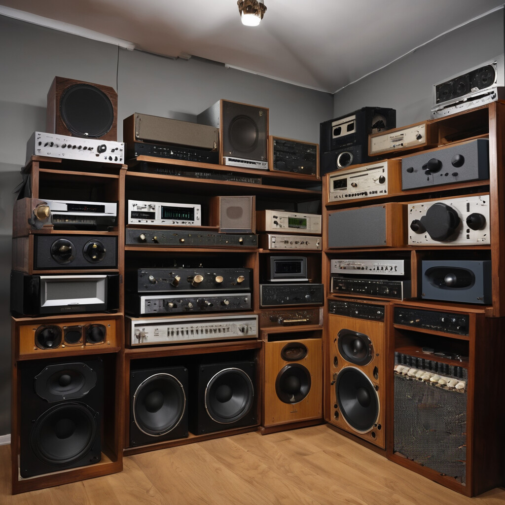 Extensive collection of vintage audio equipment and speakers in wooden shelving