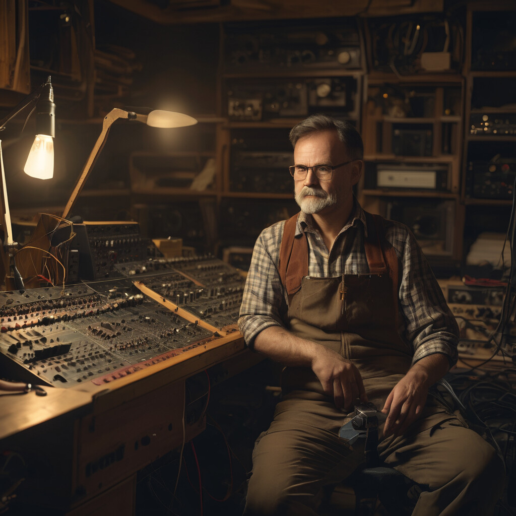 Experienced audio technician working at professional restoration workbench surrounded by vintage equipment and tools