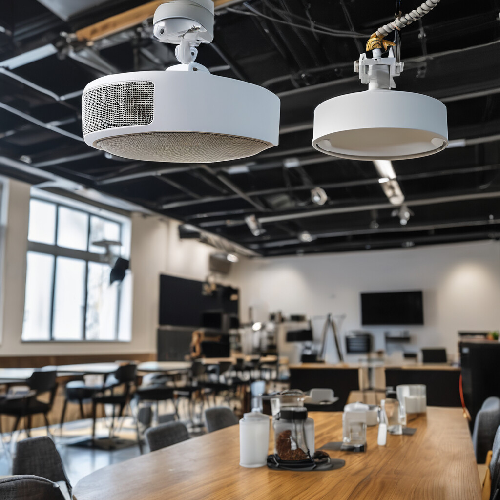 Professional technician installing commercial ceiling-mounted speakers in retail or hospitality space