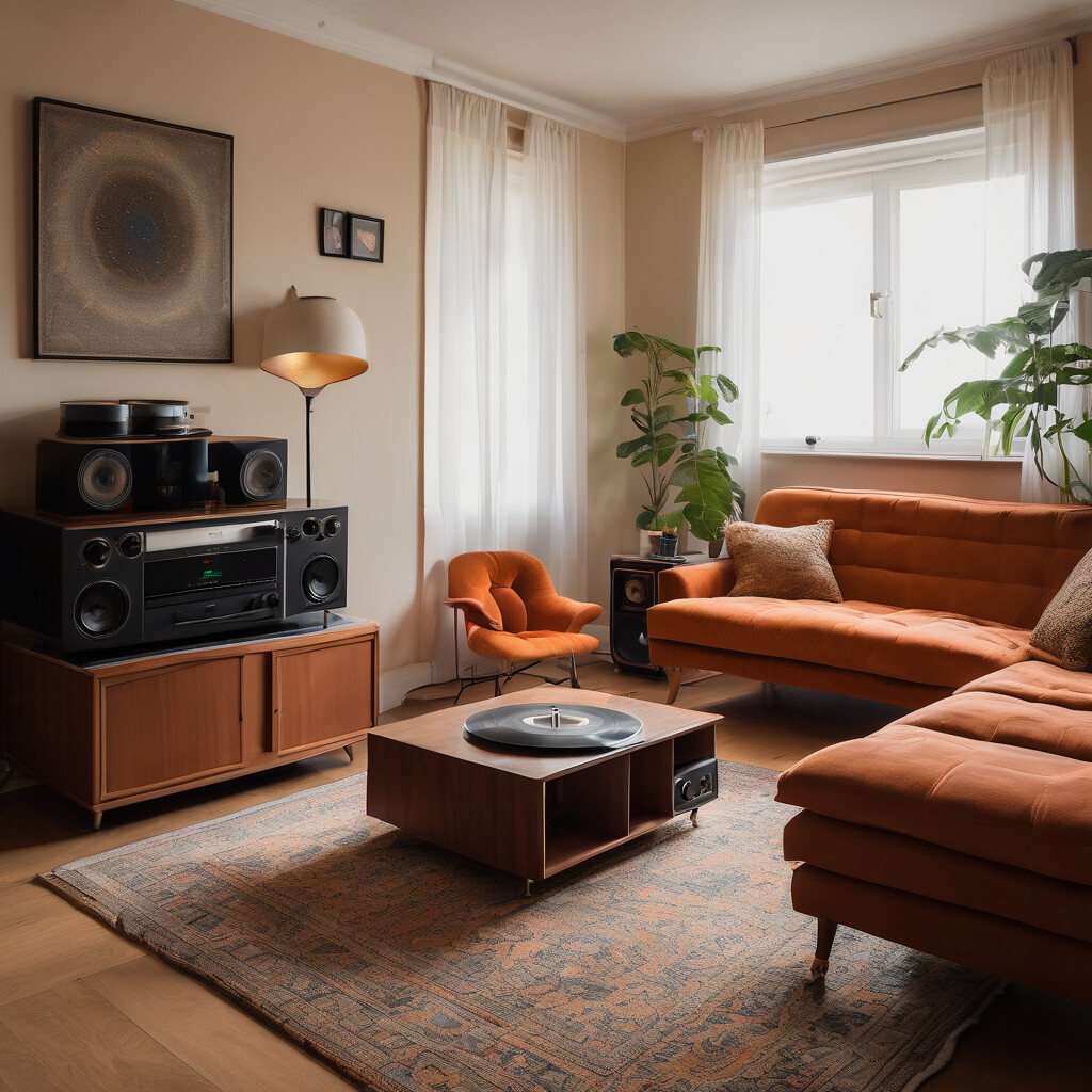 A comfortable home listening room with properly positioned speakers and acoustic treatment