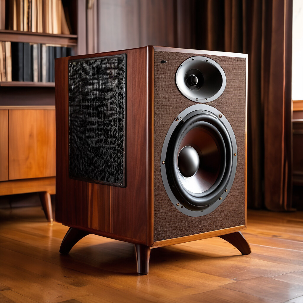Beautifully restored vintage wooden loudspeaker with walnut cabinet in retro interior