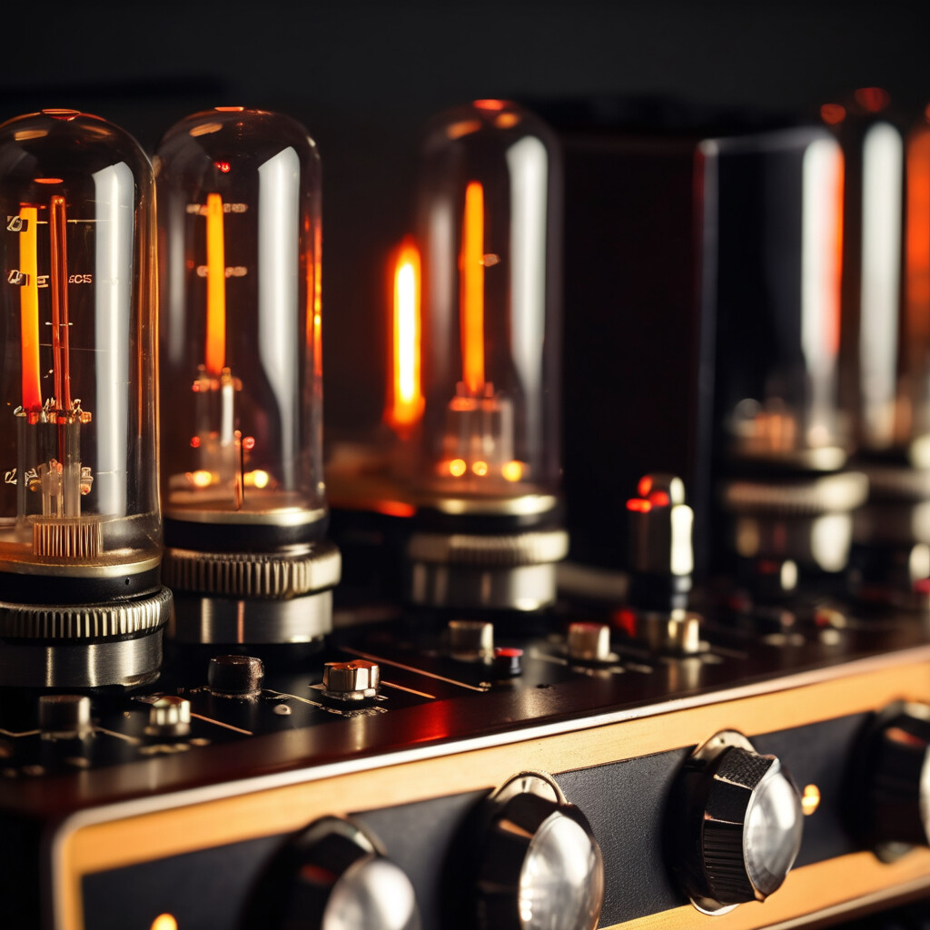 Vintage tube amplifier receiver with illuminated vacuum tubes and glowing VU meters showing audio levels
