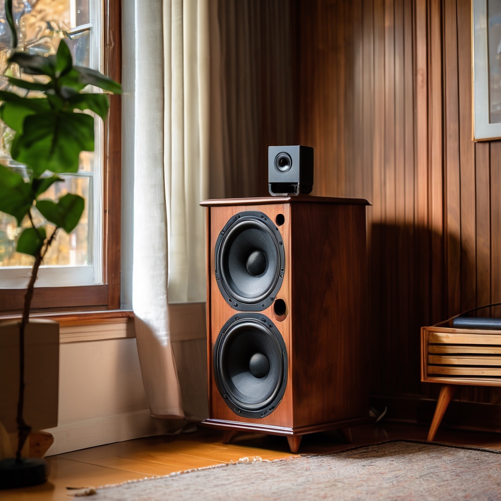 Walnut floor-standing speaker cabinet with two woofers beside a window in a wood-panelled listening room