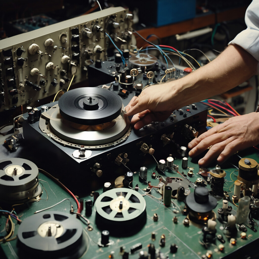 Professional audio technician servicing reel-to-reel tape deck, recapping and restoration work in progress