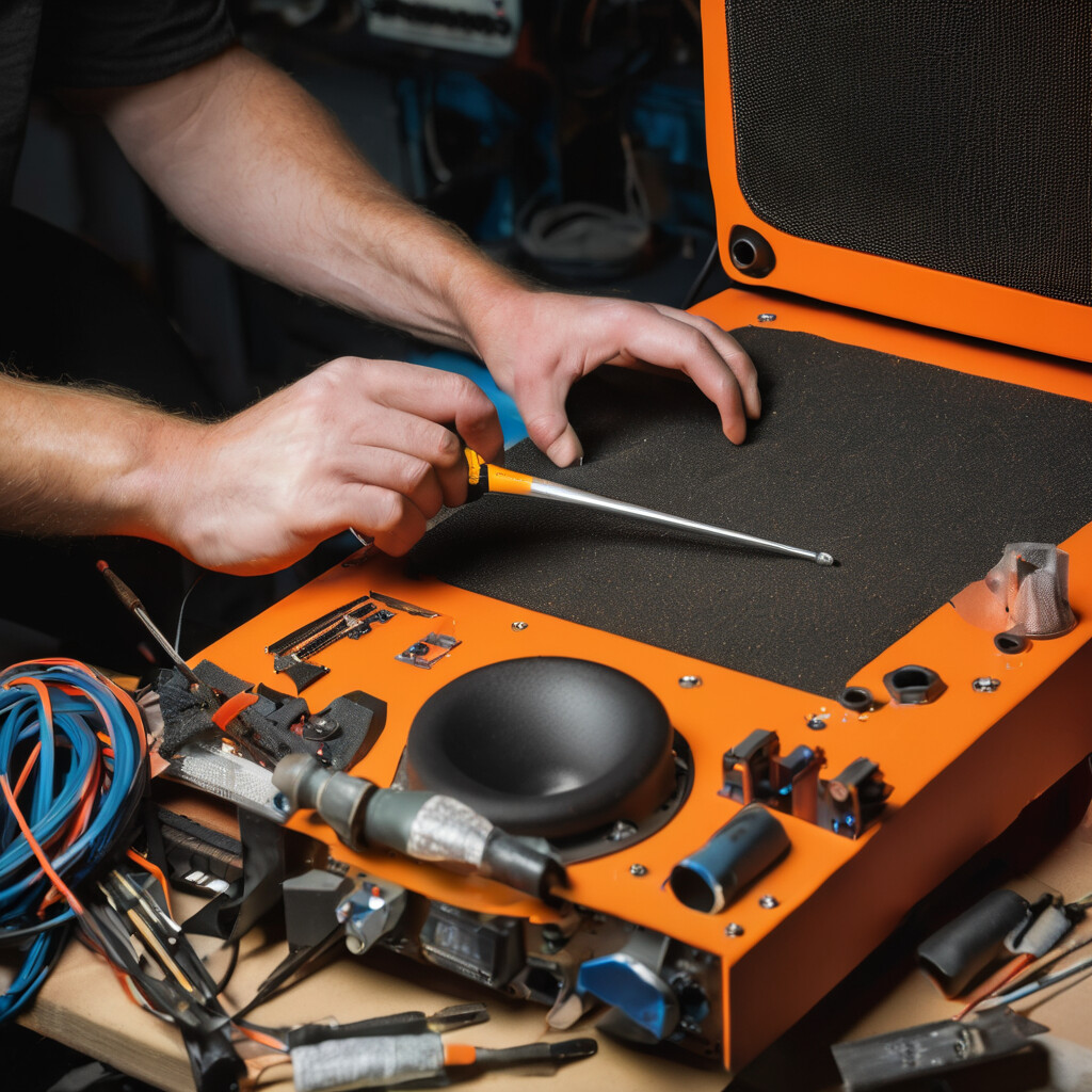 Audio technician at workbench using tools to re-foam speaker driver surround, professional repair work in progress