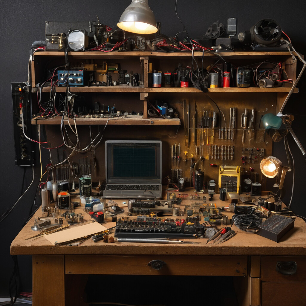 Audio technician's workbench with vintage crossover capacitors, electronic components, and repair tools for restoration
