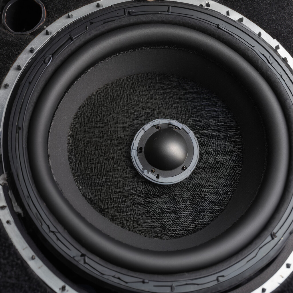 Macro close-up of speaker woofer with foam surround component, professional audio driver restoration