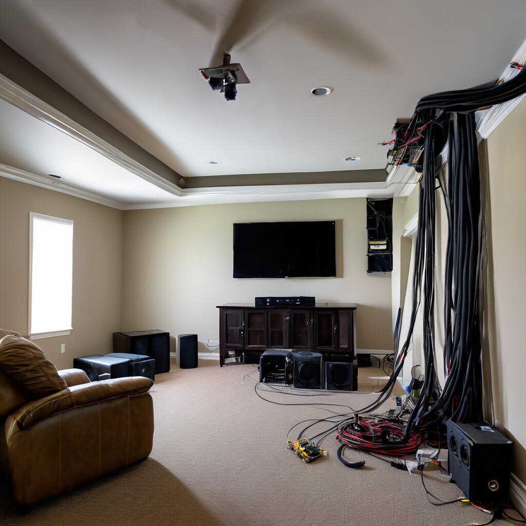Home theater room during installation with visible wiring and cable setup