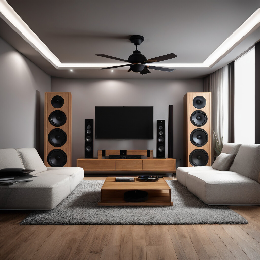 Professionally designed comfortable home listening area with properly positioned speakers and acoustic treatment
